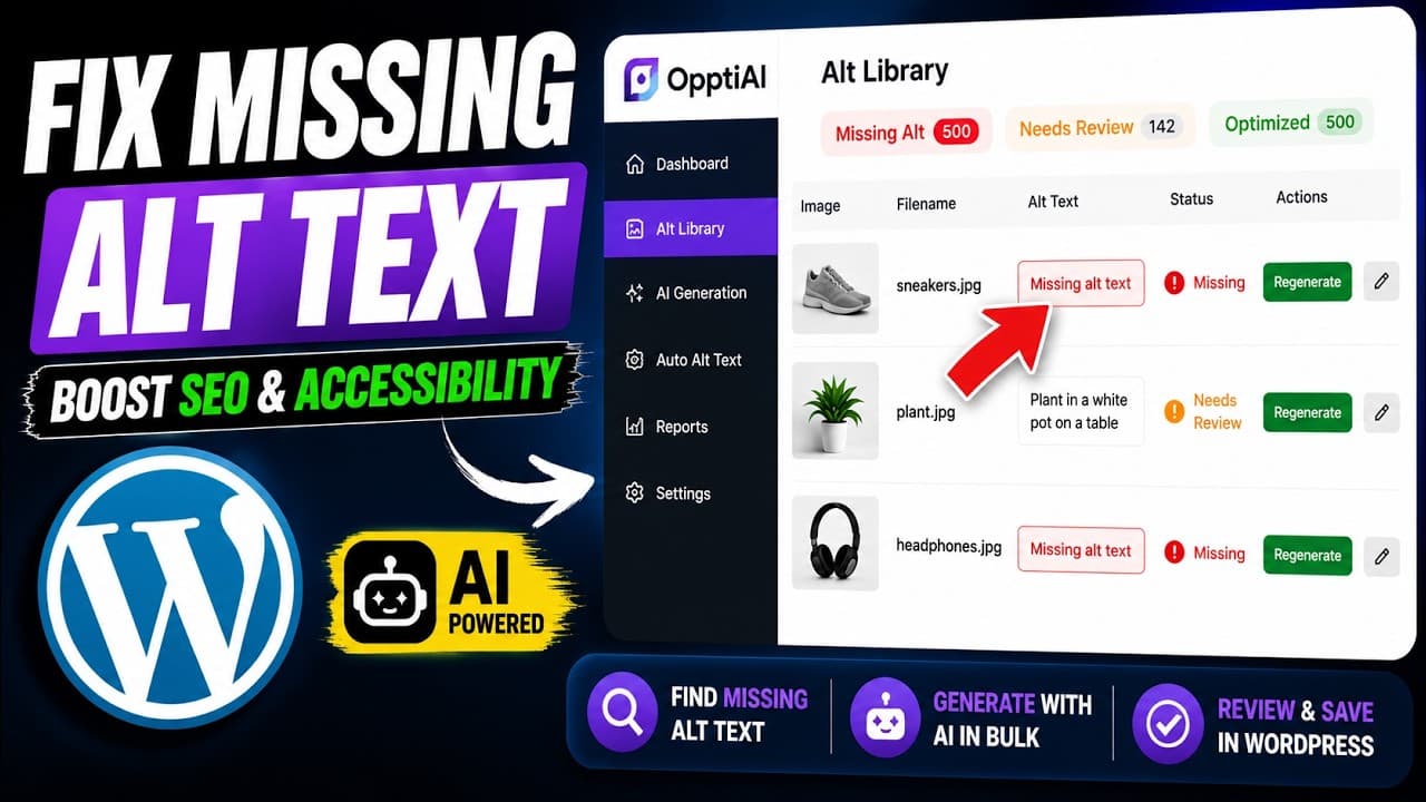 OpptiAI fixing missing alt text across a WordPress media library