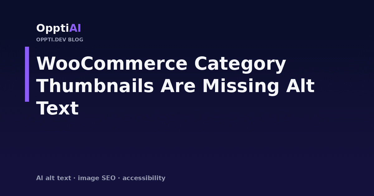 A WooCommerce shop page with category thumbnail images, one highlighted to show a missing alt text field
