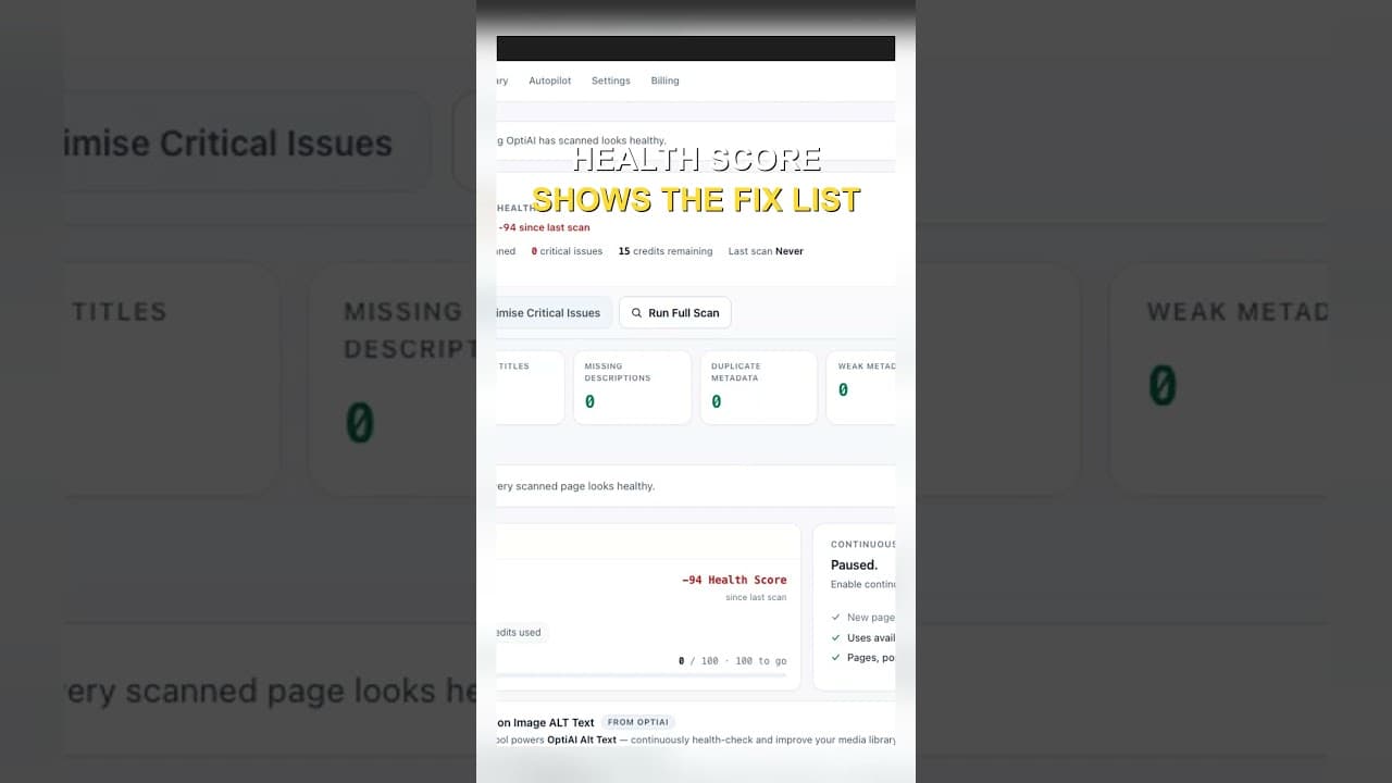 A WordPress SEO dashboard showing a health score breakdown for title tags and meta descriptions across a site