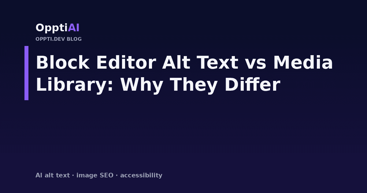 Diagram showing the same WordPress image with different alt text in the block editor and the media library