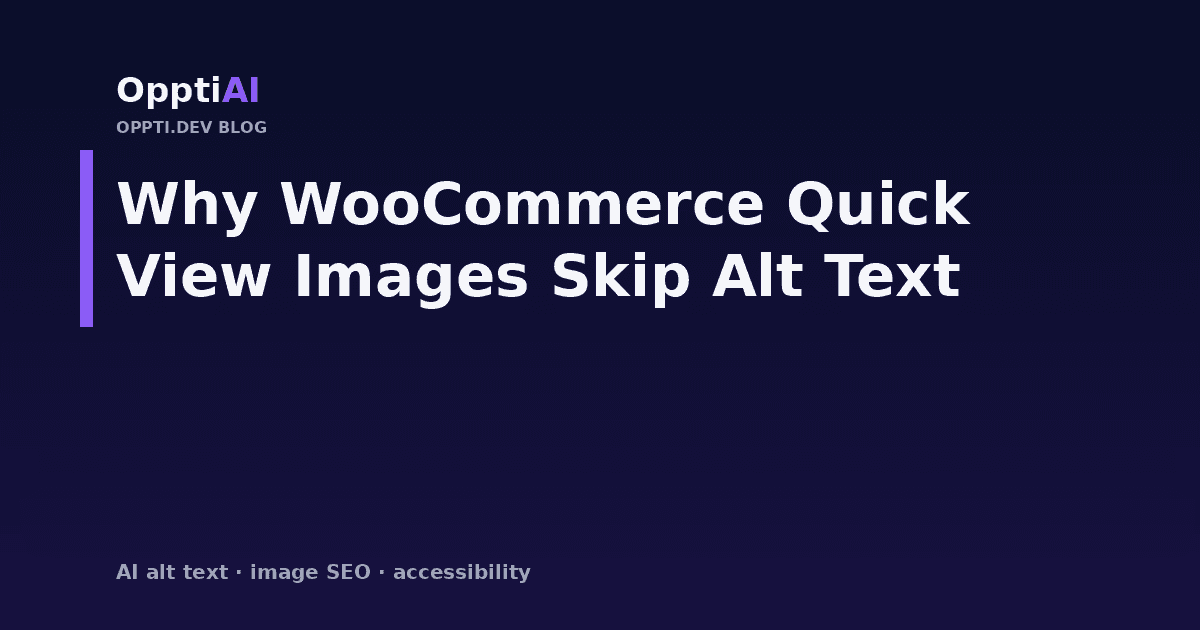 A WooCommerce product quick-view popup with a magnifying glass over a product photo, showing a missing alt text warning