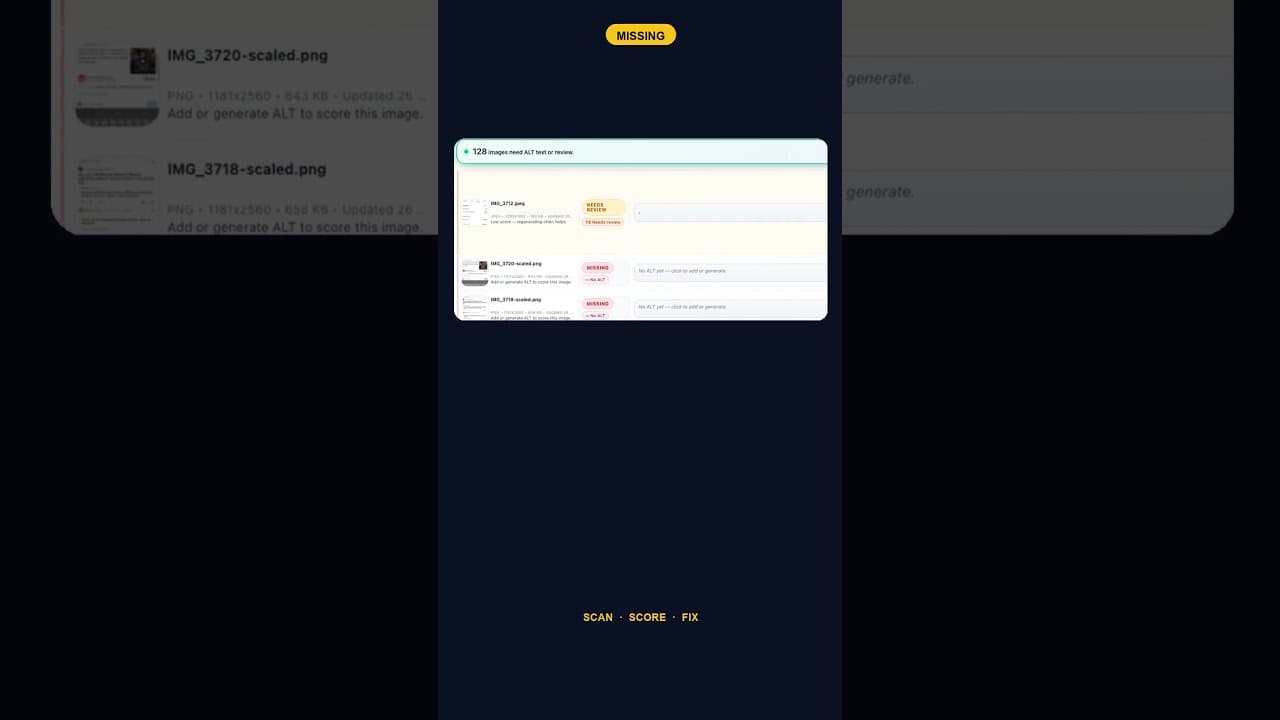 A WordPress media library scan showing two images flagged with missing alt text