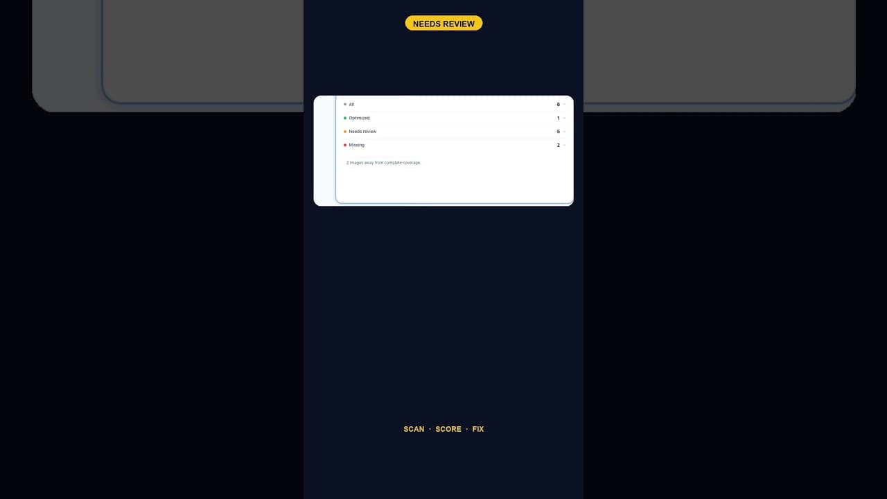 A WordPress alt text scan showing five images flagged as needing review and one already optimised