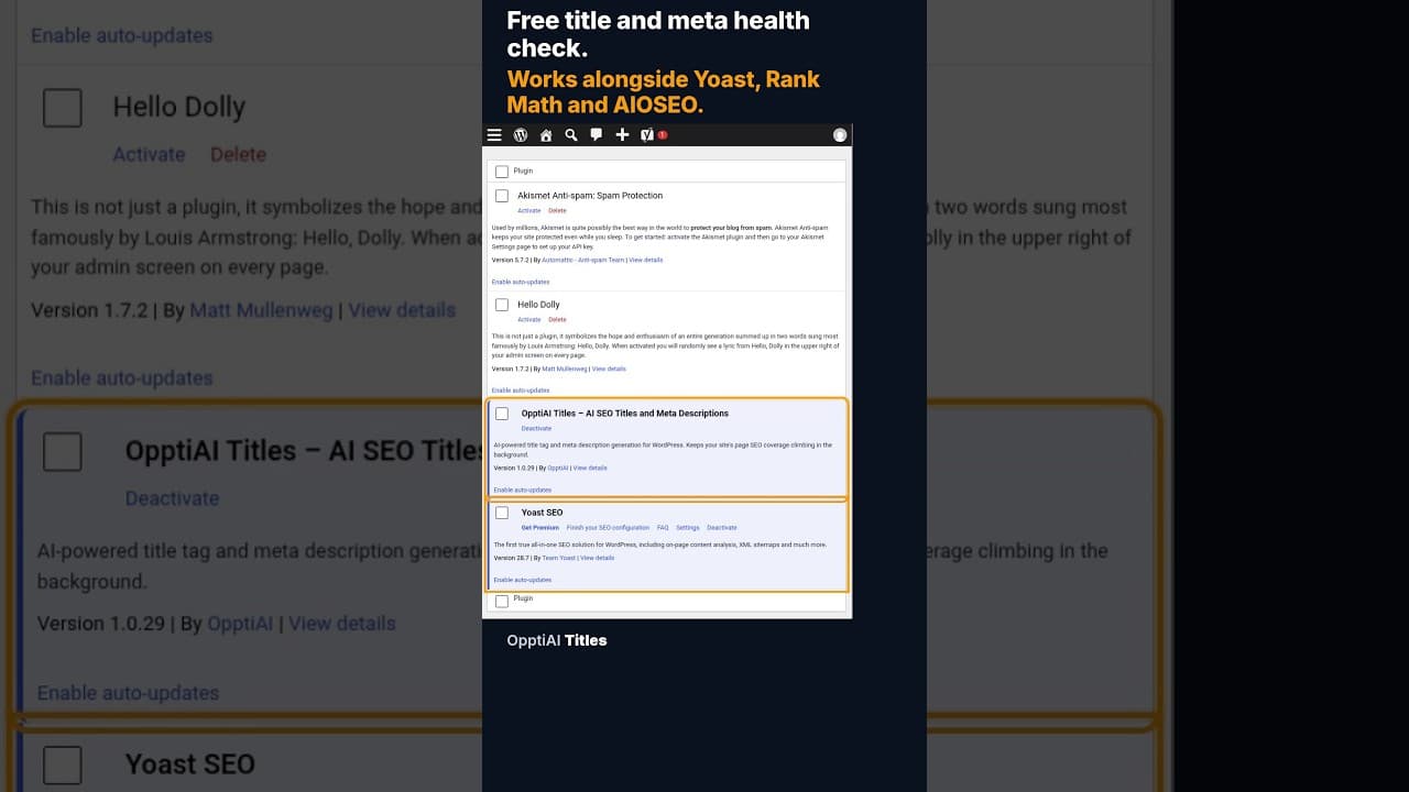A WordPress SEO health check scoring every page for missing or weak titles and meta descriptions