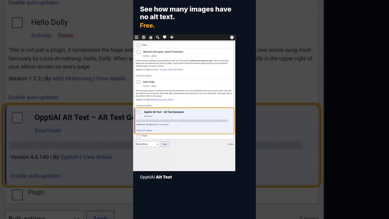 A WordPress media library scan showing a count of images missing alt text