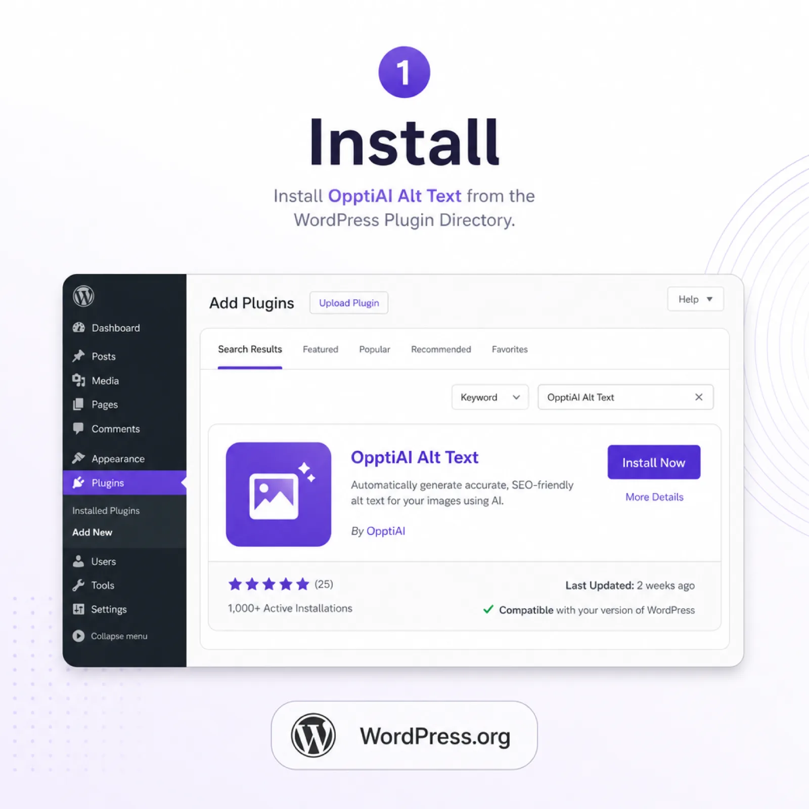 OpptiAI Alt Text install card with Install Now button in WordPress plugins