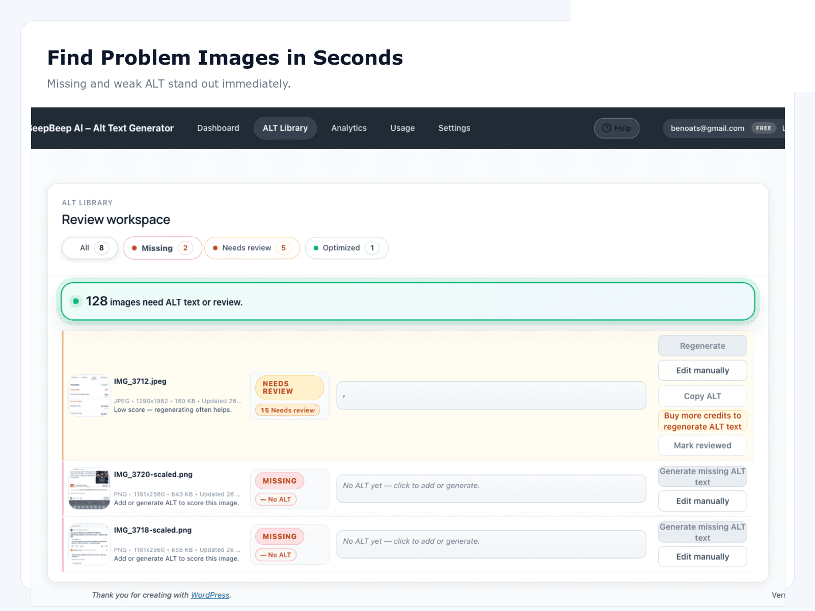 ALT Library review workspace listing images missing or needing review