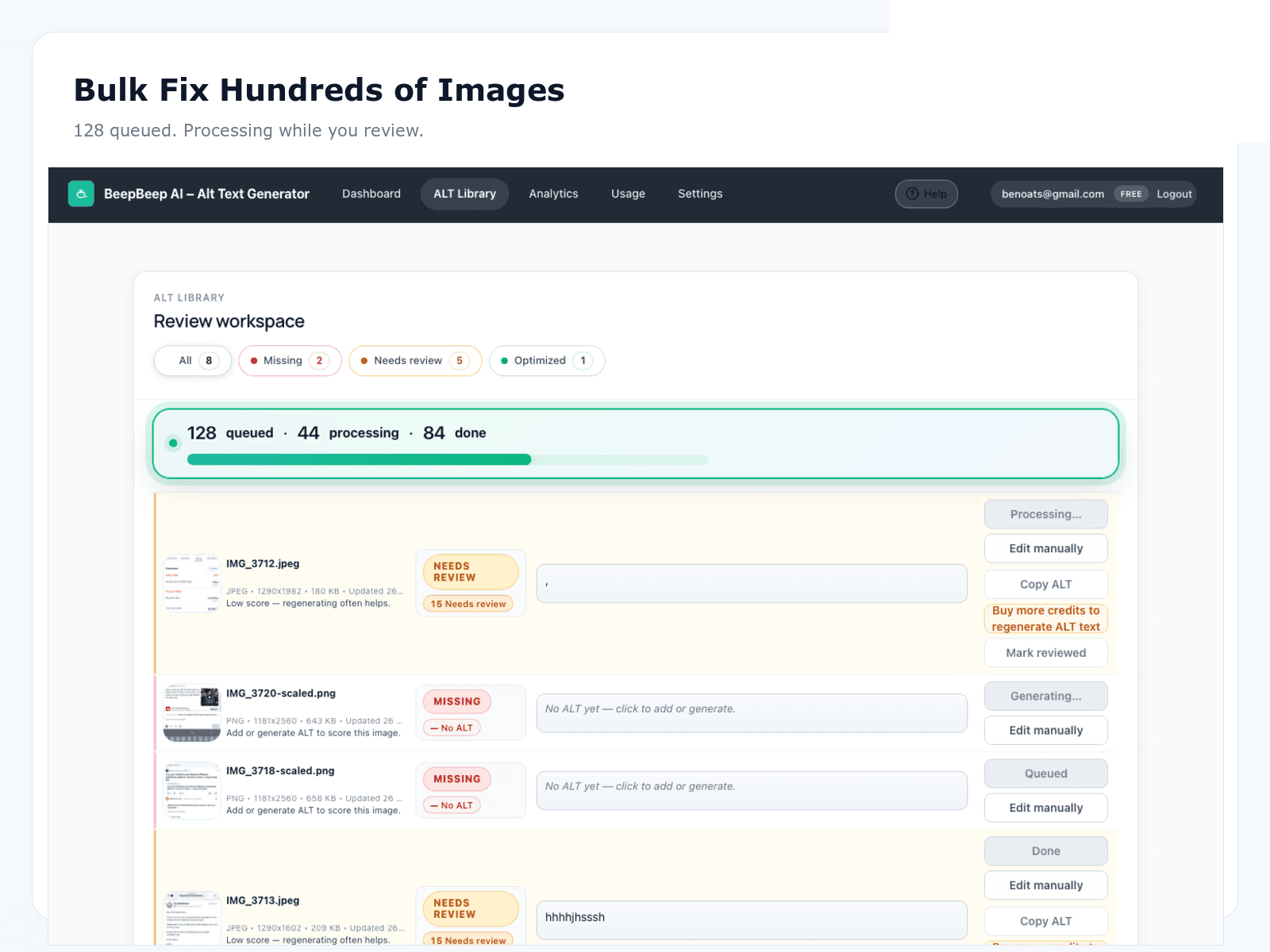 Bulk AI alt text generation queue processing WordPress images