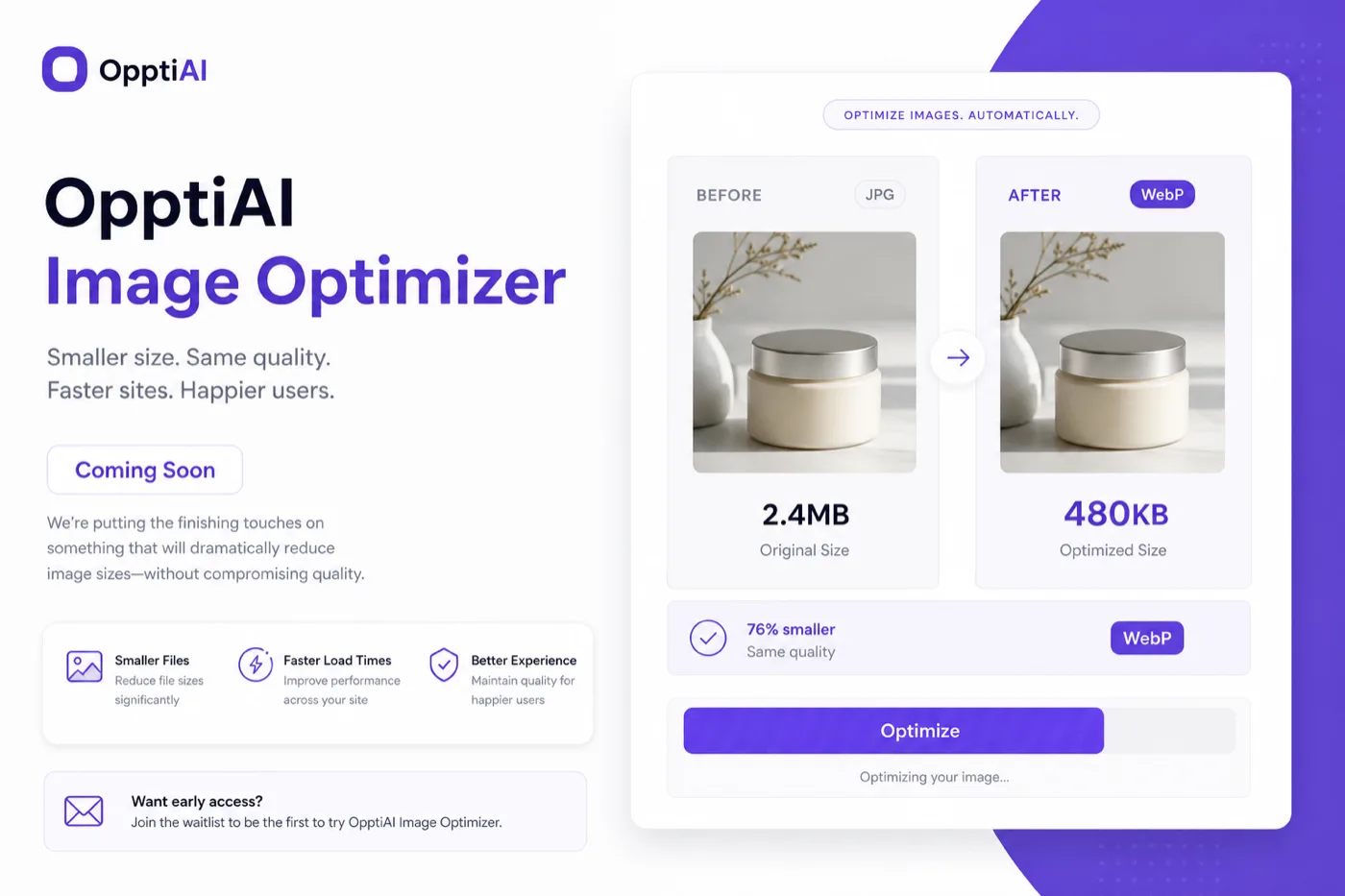 OpptiAI Image Optimizer preview — compression savings and WebP conversion in WordPress