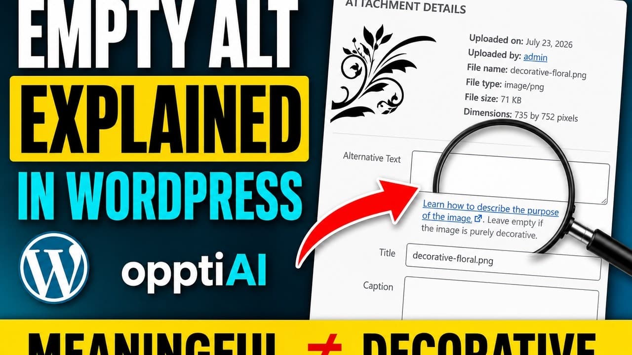 A WordPress dashboard showing an AI-suggested alt text description next to a review button