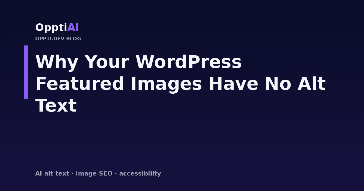 A WordPress post edit screen showing the featured image panel with no alt text field visible