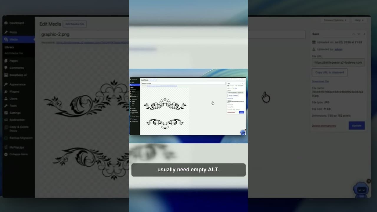 Browser developer tools showing an empty alt attribute on a decorative WordPress image
