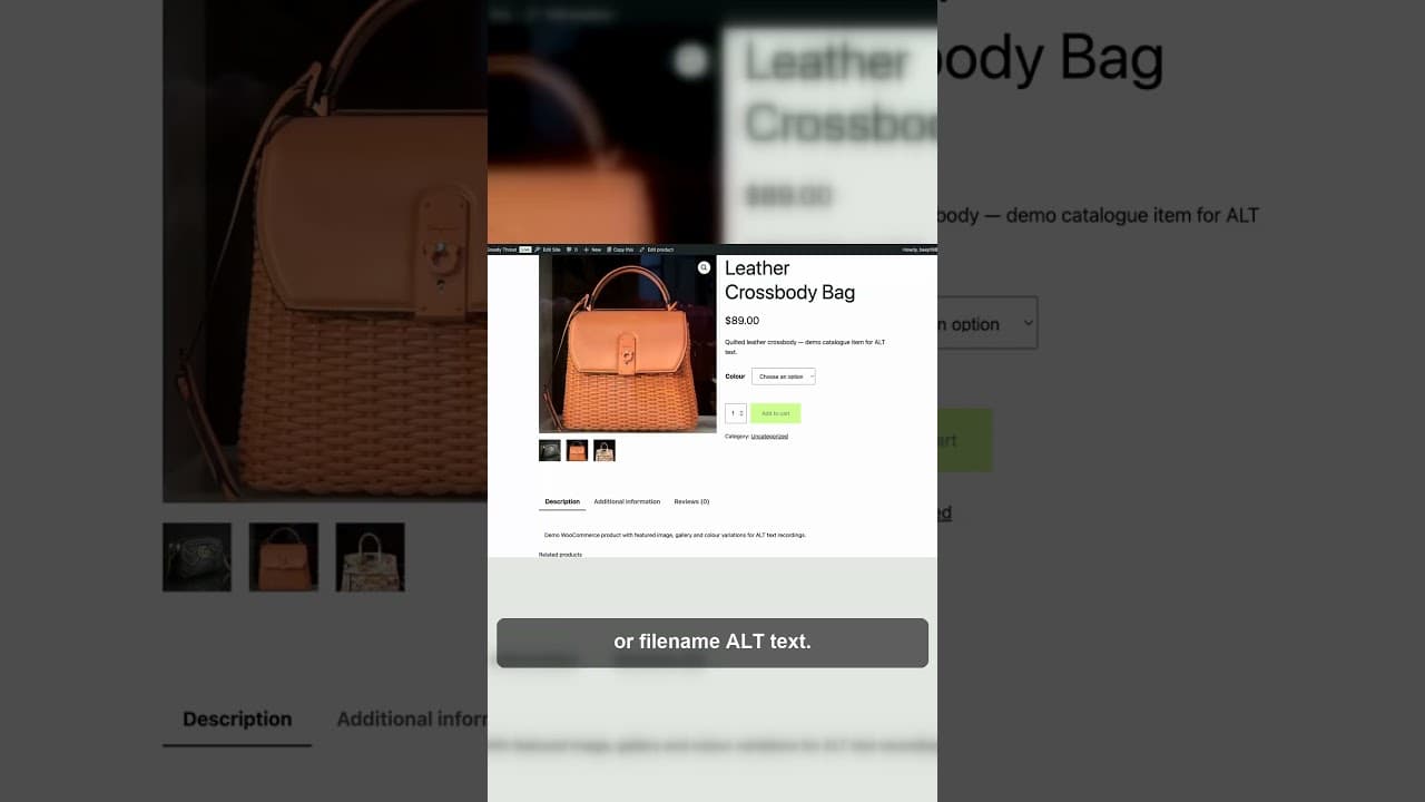 A WooCommerce product gallery with several images flagged as missing alt text