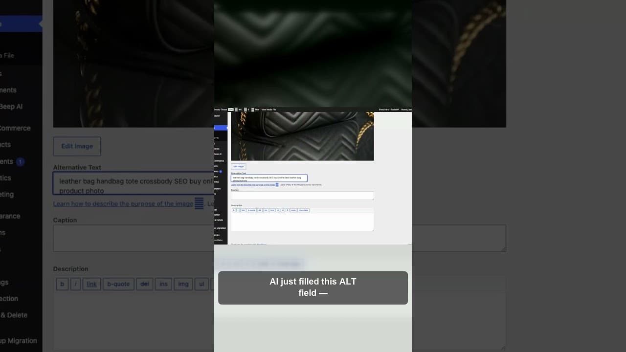 A WordPress editor showing an AI-drafted alt text suggestion waiting for review
