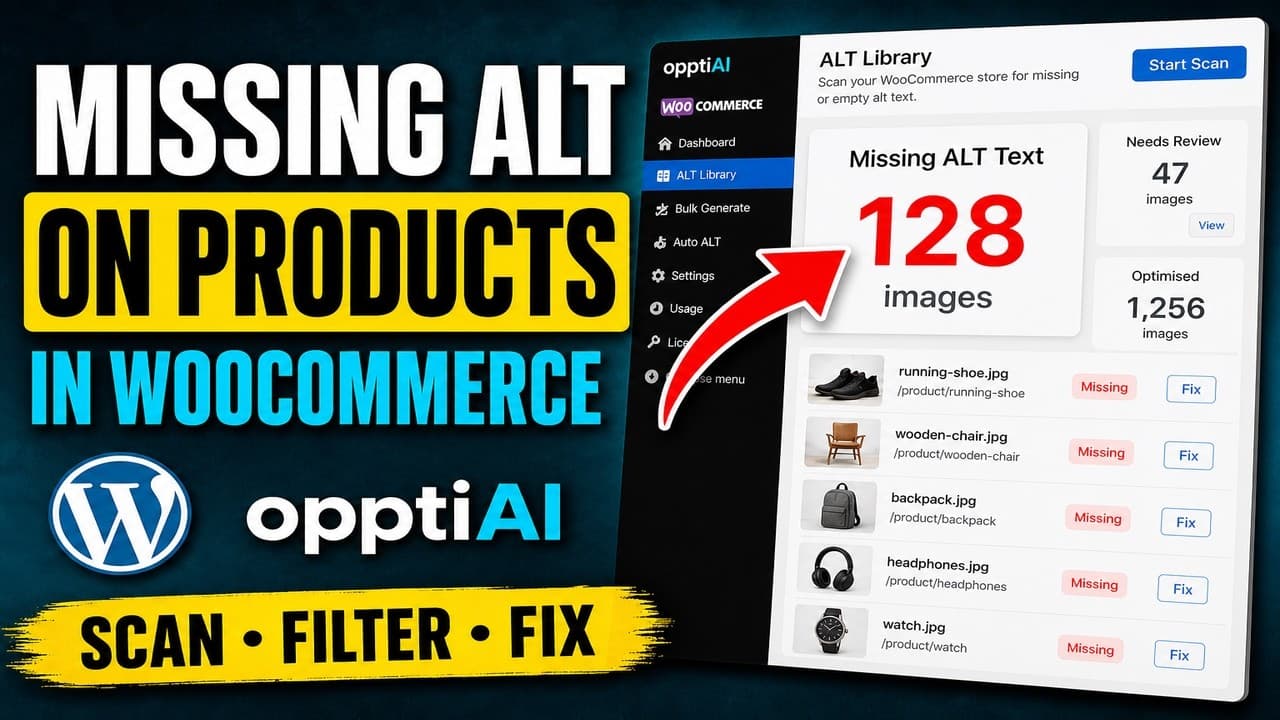 A WooCommerce product catalogue being scanned for missing alt text