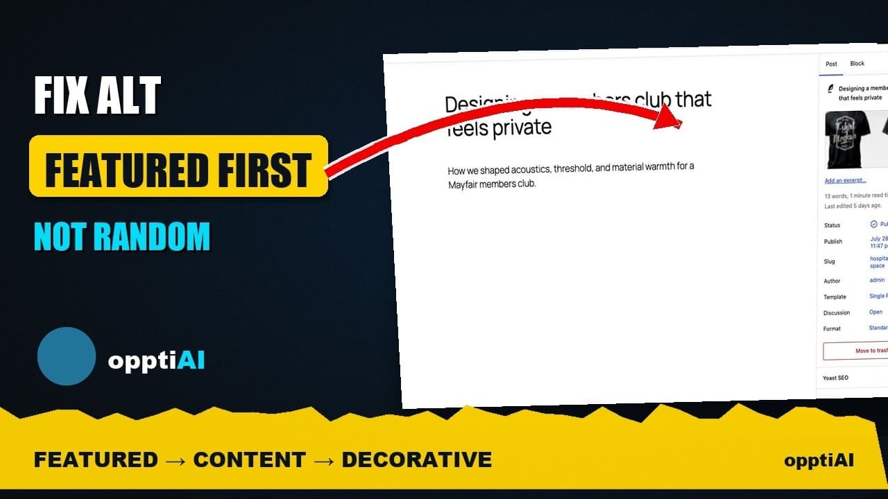 A WordPress alt text dashboard showing missing images sorted by priority: featured, product, and content images first