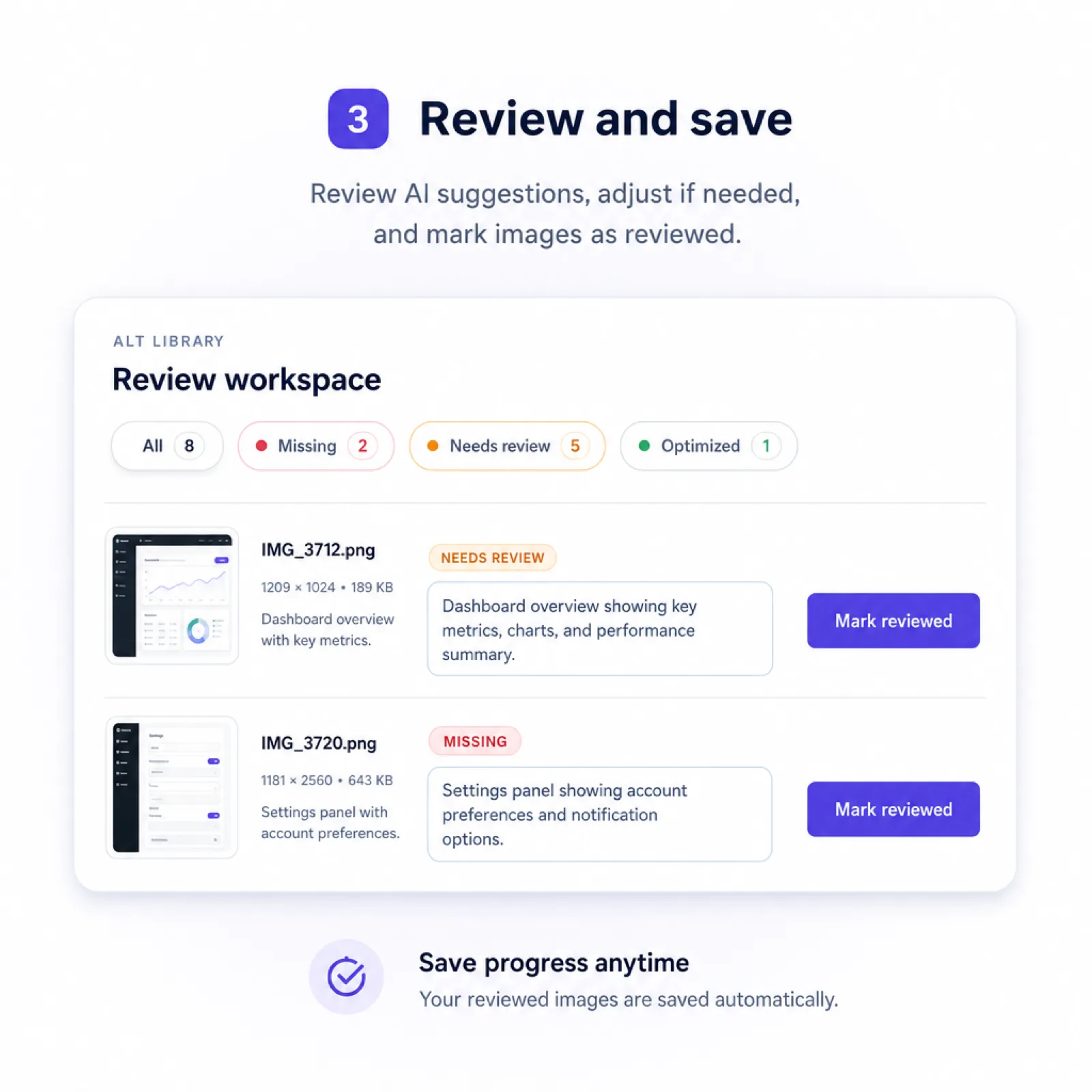 OpptiAI review workspace preview with alt text suggestions