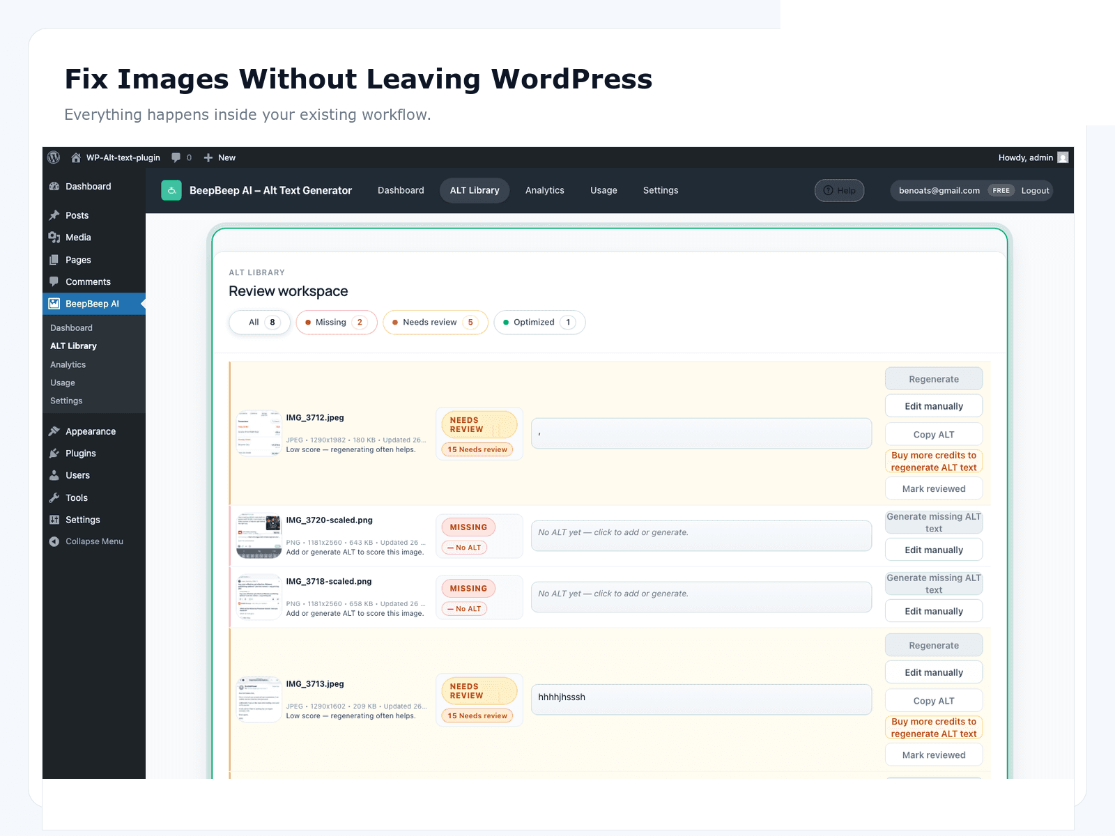 Editing an AI-generated alt text draft before saving in OpptiAI